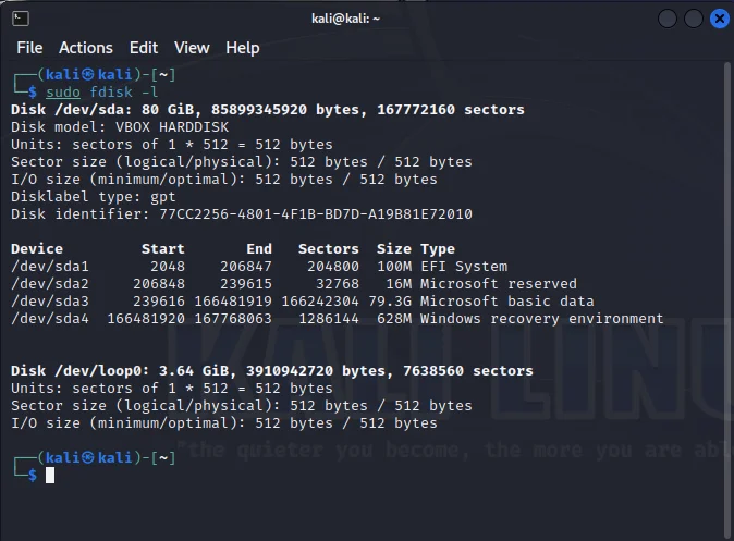 Output del comando fdisk