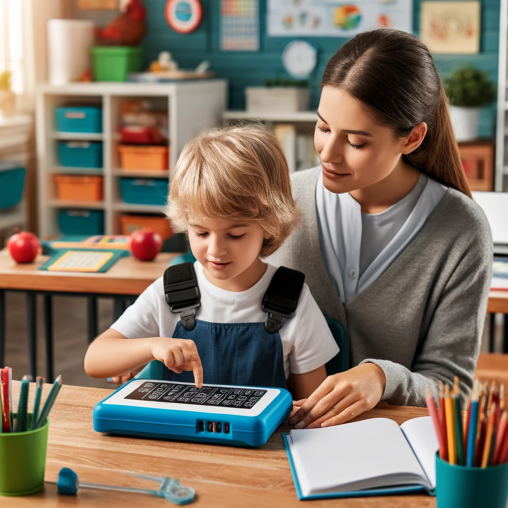 Bambino utilizza dispositivo di comunicazione CAA con l'aiuto di un insegnante