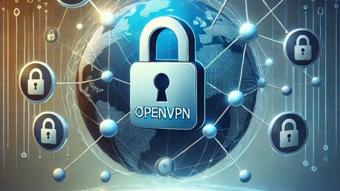 Immagine OpenVPN, raffigurante una rete digitale sicura con nodi interconnessi e un simbolo di lucchetto che rappresenta la sicurezza.