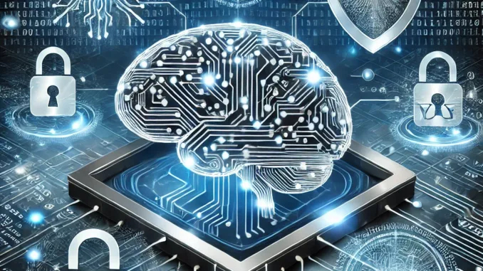 Intelligenza Artificiale per la Cybersecurity Illustrazione dell'intelligenza artificiale che potenzia la cybersecurity, con un cervello digitale collegato a simboli di sicurezza e una matrice digitale di sfondo.