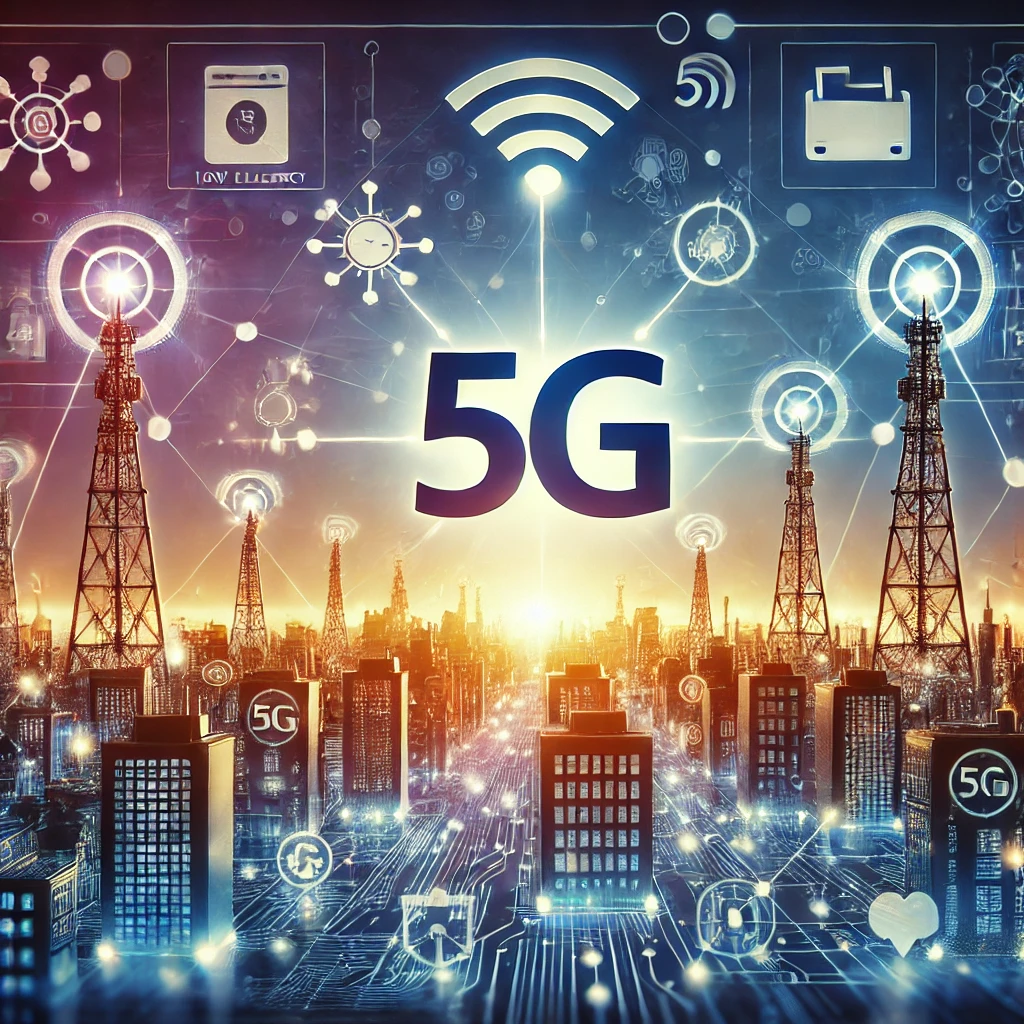 Immagine dei progressi della tecnologia 5G con una città futuristica, infrastrutture 5G e dispositivi connessi.