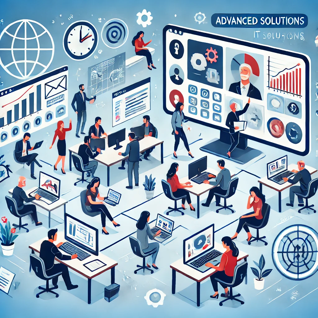 Immagine di soluzioni IT per il lavoro da remoto con persone che collaborano online attraverso piattaforme digitali e strumenti di gestione dei progetti.