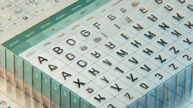 Interfaccia Excel pulita e professionale Immagine di un'interfaccia Excel moderna con celle evidenziate contenenti lettere e caratteri speciali