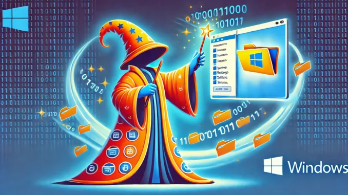 Un mago della tecnologia_Migrazione dei profili utente Windows con User Profile Wizard Illustrazione di un mago in stile cartoon con una bacchetta luminosa che trasforma uno schermo del computer, simboleggiando la migrazione dei profili utente in Windows. Il mago indossa un mantello colorato decorato con icone di cartelle e impostazioni, mentre sullo sfondo si intrecciano codice binario e linee dati in un vortice magico.