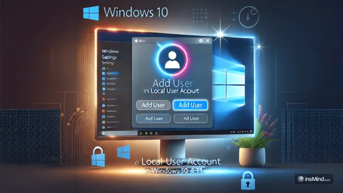 Come Creare un Account Utente Locale in Windows 10 e 11 Immagine di copertina che mostra uno schermo di computer con il menu delle impostazioni di Windows evidenziato, icone di profilo utente e lucchetto su uno sfondo blu e grigio.