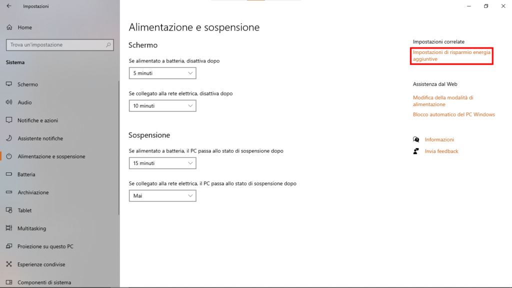 Impostazioni di sistema con collegamento evidenziato alle opzioni avanzate di risparmio energia.