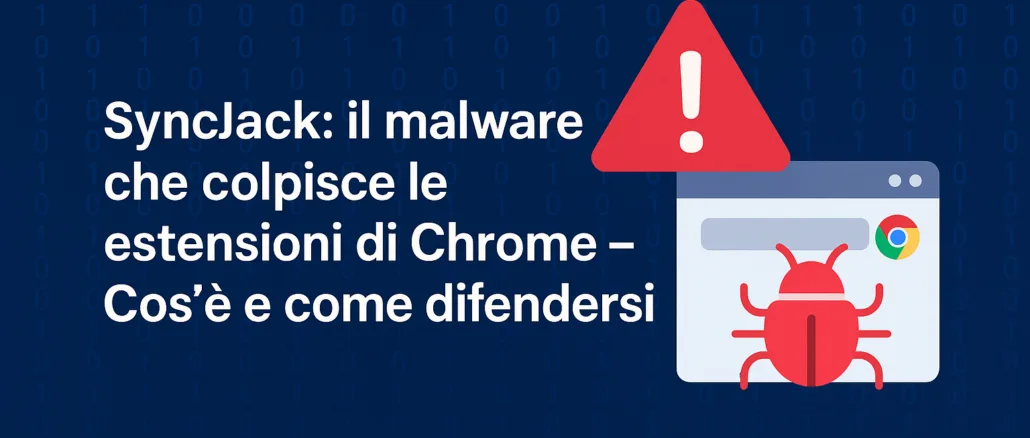 Immagine con sfondo blu e codice binario, triangolo rosso di pericolo, un computer stilizzato e il titolo “SyncJack: Estensioni di Chrome sotto attacco”.