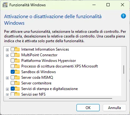Dove trovare Windows Sandbox in Funzionalità di Windows con casella di spunta evidenziata