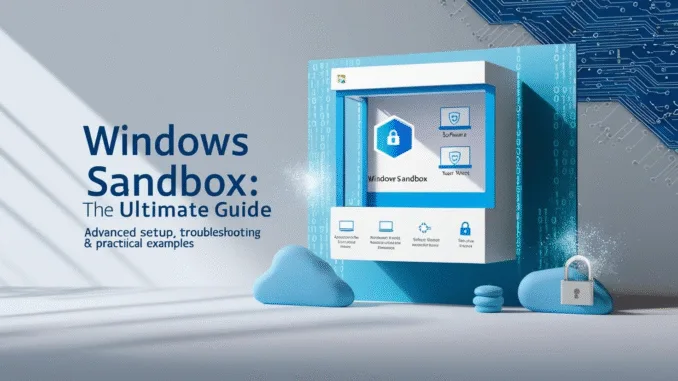 Windows Sandbox guida definitiva Copertina guida Windows Sandbox con finestra virtuale 3D, icone di sicurezza e testo 'La Guida Definitiva' su sfondo blu tecnologico