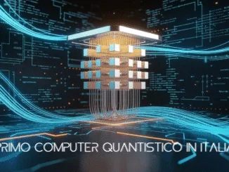 Computer quantistico italiano IQM a 5 qubit presso Politecnico di Torino, rappresentazione grafica con elementi tecnologici blu e circuiti quantistici. Testo nell'immagine: 'PRIMO COMPUTER QUANTISTICO IN ITALIA' in font futuristico su sfondo blu tecnologico.