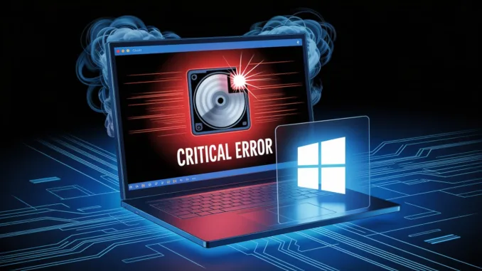 Errore Disco al 100% su Windows: Soluzioni Rapide (Guida 2024) Icona disco rigido al 100% con simboli di errore rosso su sfondo blu high-tech, rappresentante l'errore di utilizzo disco Windows 11/10.