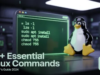 Illustrazione 3D di un terminale Linux con comandi essenziali (ls, sudo, chmod) e mascotte Tux. Stile cyberpunk con sfondo scuro e testo verde luminoso. Guida per principianti 2024.