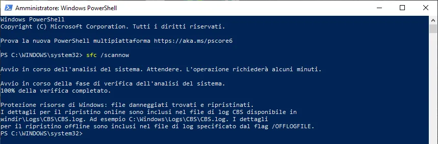 Prompt dei comandi di Windows che mostra i risultati dopo la scansione con sfc /scannow: file corrotti trovati e ripristinati.