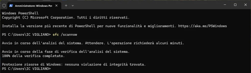 Prompt dei comandi di Windows che mostra i risultati dopo la scansione con sfc /scannow. Non è stata trovata nessuna violazione.