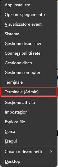 Menu contestuale Windows con tasto destro sul pulsante Start: elenco di opzioni tra cui Terminale (Admin), Gestione disco e Visualizzatore eventi, utile per riparazioni di sistema come SFC /scannow.