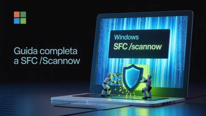 SFC-scannow-riparazione-file-sistema-windows-futurista Illustrazione tecnologica di Windows SFC /scannow: schermo laptop con comando in esecuzione, scudo blu riparato da robot con energia gialla, stile cyberpunk. Guida completa alla riparazione dei file di sistema.